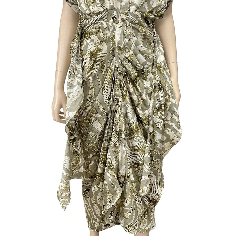 Mable Dress Small Women Green Print Short Sleeve Button Front Collared Midi